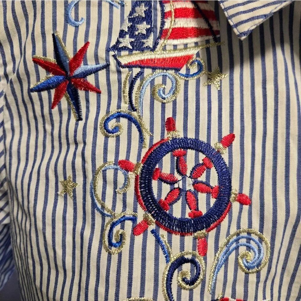 EC QUACKER FACTORY NAUTICAL/PATRIOTIC STRIPPED SHIRT SZ. S - Picture 3 of 6